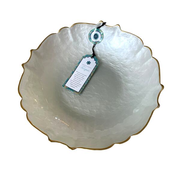 Akcam Pearl White Turkish Glass Bowl Scalloped Gold Edge 9.5" New - Picture 6 of 10